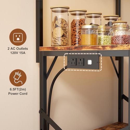 Kitchen Bakers Rack with Power Outlet & LED Lights, Small Coffee Bar Table with Adjustable Storage Shelf, 4 Tiers Microwave Stand with 8 Hooks, Coffee Station for Appliance Organizer, Rustic Brown