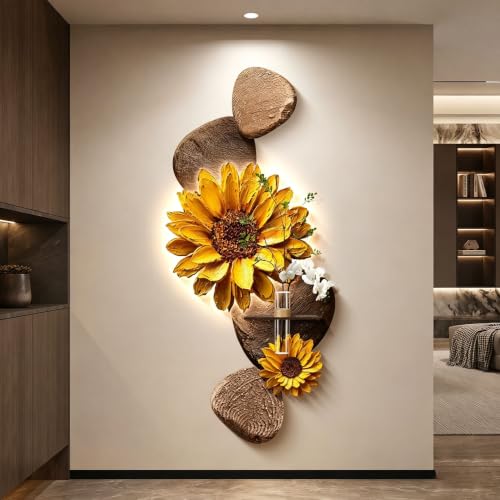 Tableau décoratif suspendu 3D avec éclairage LED et vase pour grand mur de salon moderne