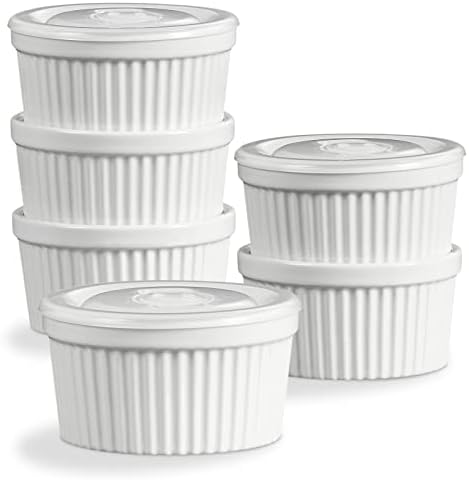 ONEMORE Ramekins with Lids, 8 oz Creme Brulee Souffle Dishes Oven Safe Ceramic Pudding Cups with Silicone Covers Stackable Custard Cups Set of 6 for Baking - White