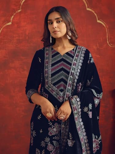 Image of INDO ERA Women's Velvet Floral Embroidered Straight Kurta & Pant with Dupatta Set (IESTR12390)