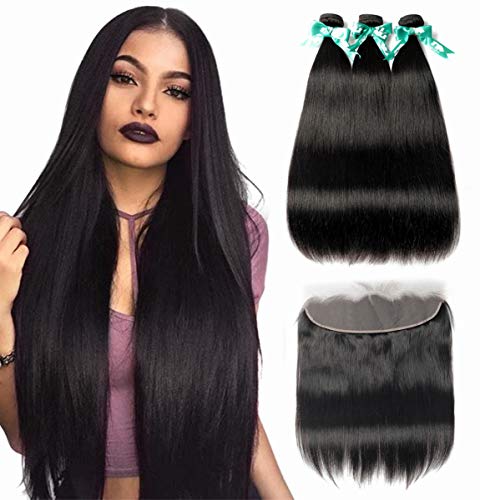 MQYQ Hair Brazilian Human Hair Straight Bundles with Frontal (20 22 24 + 18 Inch), 8A Double Weft Remy Hair Bundles with Lace Front Natural Black Hair-Straight-Bundles-with-Frontal-Wig.