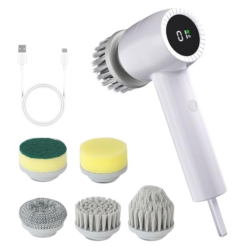 JTF Brosse Nettoyage Electrique 5 en 1,Brosse Rotative Nettoyage avec Écran LED,5 Brosses,2 Vitesses Réglables,pour Salle de...