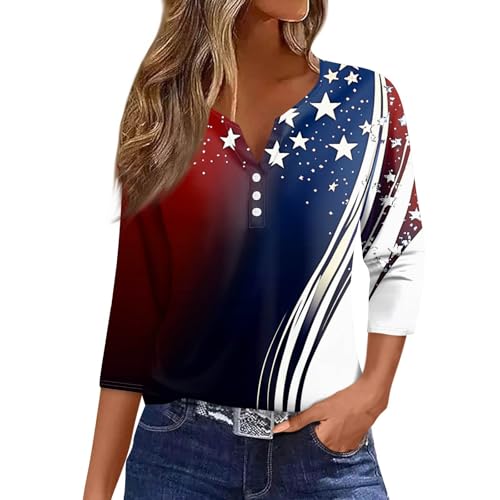 Image of 4th of July Shirts Women 3 /4 Length Sleeve Womens Tops Henley Neck Casual Patriotic T Shirts