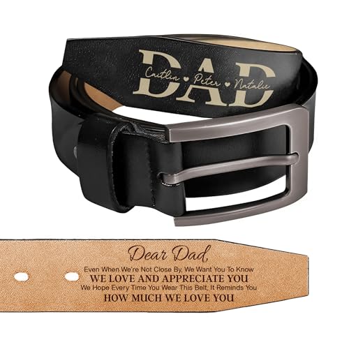 Personalized Belts for Men–Custom Engraved Belt with Kids Name Initials–Fathers Day Gifts for Dad Grandpa Husband