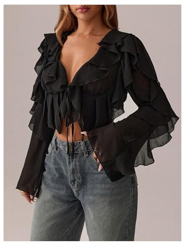 Floerns Women's Ruffle Trim Mesh Long Sleeve Blouses V Neck Tie Front Crop Tops4