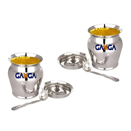 Image of Ghee Container With Spoon Oil Dispenser | Ghee Pot Steel, Ghie Dispenser | Salt Container With Spoon | Steel Oil Pot 300ml Silver Pack of 2