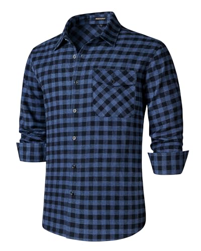 HISDERN Camisas Hombre Cuadros Manga Larga Franela algodón Botones Estilo leñador con Bolsillo Corte Regular Azul XL