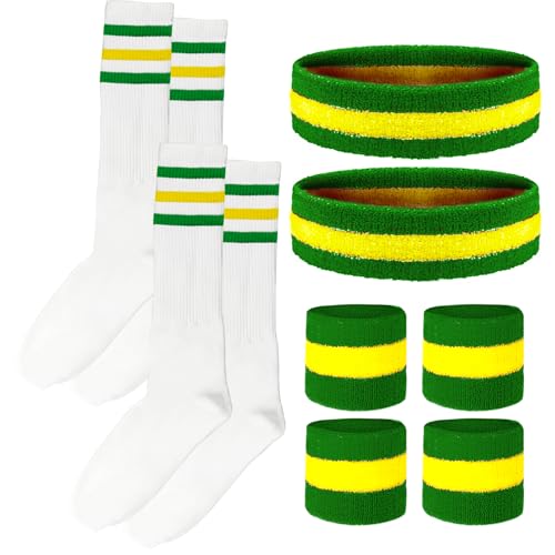 Image of 10 Pieces Striped Sweatbands and Striped Socks Set Headbands Wrist Sweat Bands for Men and Women Sports 80s 90s Fitness