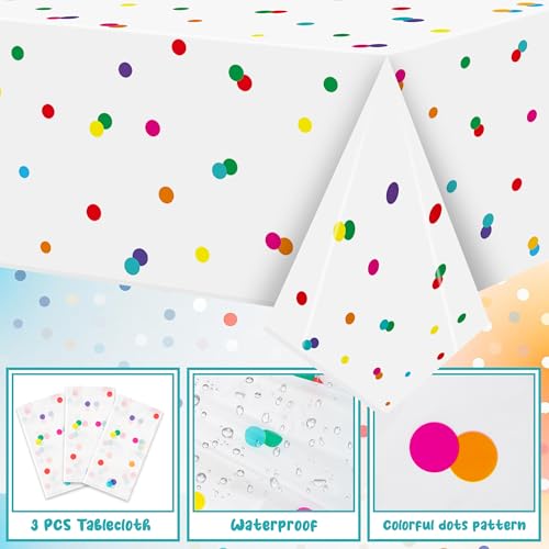Image of K1tpde Colorful Rainbow Party Tablecloth - 3PCS Colorful Dot White Plastic Tablecloth, Multicolor Dot Birthday Disposable Tablecover, Rainbow Dots Party Supply for 1st Baby Shower Birthday Decorations