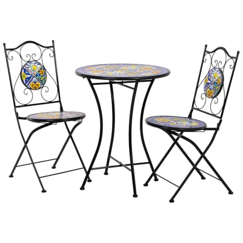 WANDERLUST DECO Conjunto Mesa y Dos sillas de Mosaico y forja Negro Mesa:D60x75h-silla(2):D38x46-90h