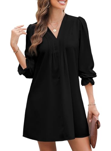 Dokotoo Robe Femme Chic et Elegant d'été Manches Longues Col en V Fluide Légère à Volants Casual de Plage Mini Robes Femmes Tunique Courte Printemps Ete Décontractée Vêtements Noir L