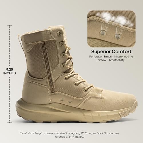 NORTIV 8 Men's Breathable Military Tactical Combat Boots Side Zipper Arch Support Leather Lightweight Motorcycle Work Hiking Boots 8 Inches DesertStorm,Size 11,Sand,NMUMMT2501