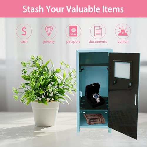 Image of Mini Locker with Lock Key Stickers Box Metal Small Locker Mini Locker Miniature Storage Girls Lockbox Desktop Storage Organizer for Cash Money Jewelry Safe Dollhouse Furniture Accessories (Blue)