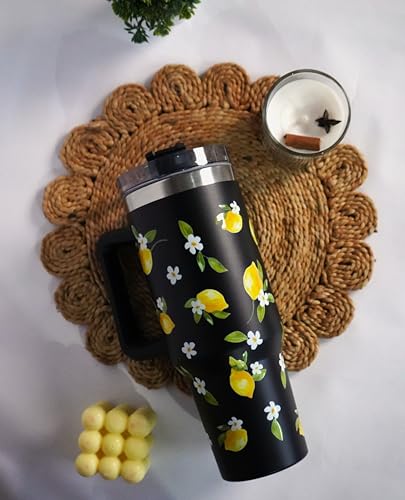Image of 1200ML Stainless Steel Tumbler Hot and Cold with Handle and Lid and 2 Straws, Double Insulated Cup Leak Proof Mug Cupholder for Gym, Travelling (Black Summer Lemons)
