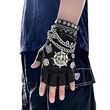 xtom2013 Cool Skull Rocker Hip-Hop Leather Pairs Fingerless Biker Studded Gloves With Chain Bracelet Men (just gloves)