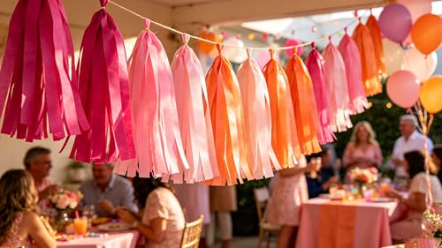 Image of Pink Orange and Rose red Tissue Paper Tassels Tassel Garland Banner for Birthday Party Decorations,Pack of 15
