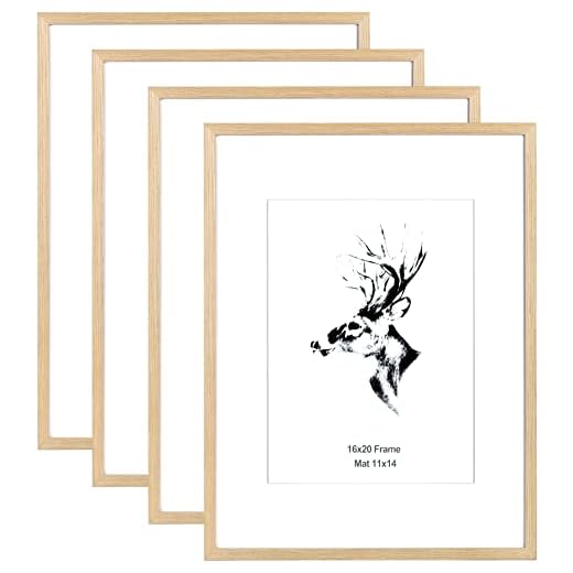 Yaetm 16x20 Picture Frame Matted to 11x14 Set of 4, Solid Oak Wood Poster Frame16 x 20 inches, Wall Gallery Photo Frames for Horizontal and Vertical Wall Mounted (4 pack, Oak)