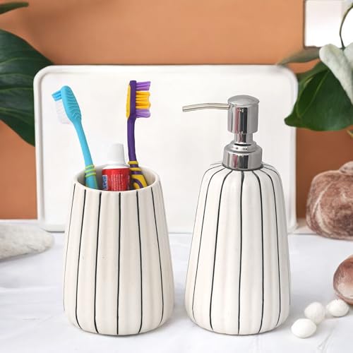 Image of Hand-Painted Ceramic Bathroom Accessories Set of 2 | 300ml Liquid Soap Dispenser & Toothbrush Holder | Rust-Proof Bathroom Organizer for Home & Wash Basin Decor | White Strip