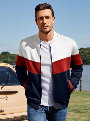 Image of Men's Lightweight Varsity Jacket Casual Bomber Jacket Stylish Color Block Coat