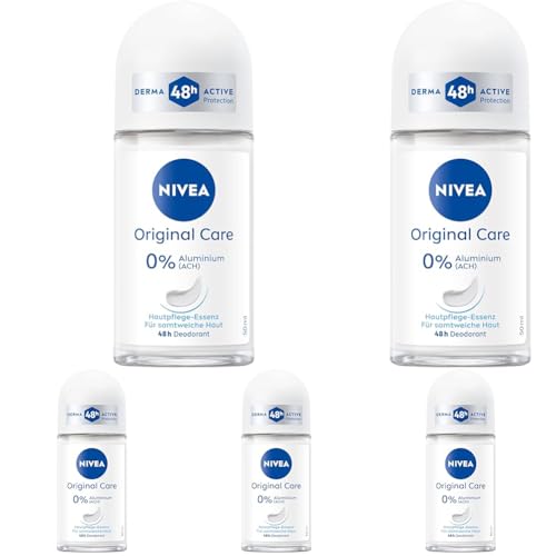 NIVEA Original Care Deo Roll-On, Deoroller ohne Aluminium (ACH) und Ethylalkohol, Deodorant mit Hautpflege-Essenz für 48h Schutz und Pflege (50 ml) (Packung mit 5)