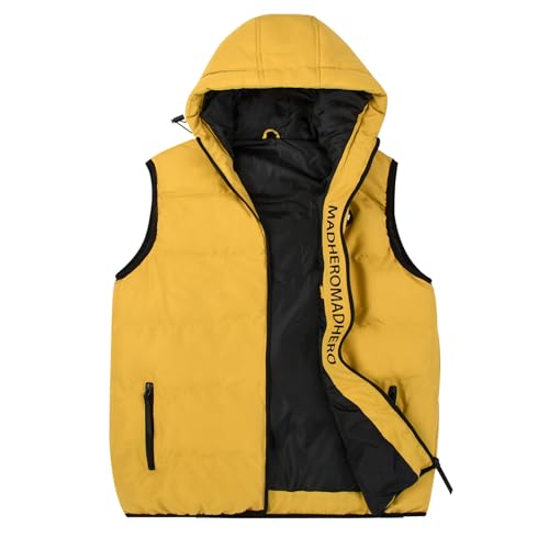 Image of MADHERO Men's Puffer Vest with Hood Water-Resistant Winter Puffy Vests Outerwear Mustard Yellow Size M