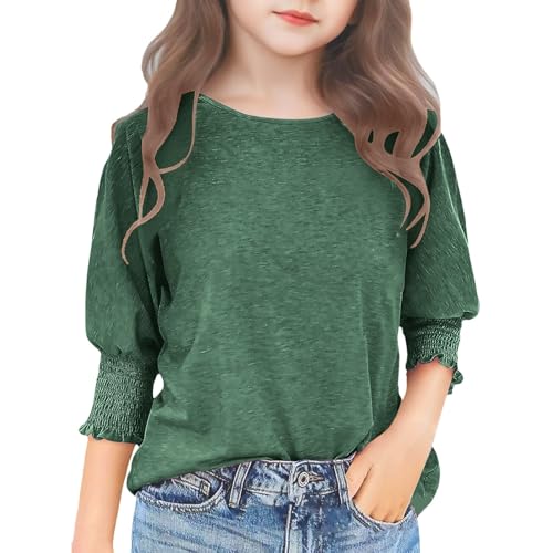 3/4 Sleeve Shirts for Kids Girls Daily Round Neck Solid Color Casual Elegant Blouses Junior Girls Stylish Relaxed Tops