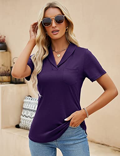 Zhenwei Women's Short Sleeve Polo Shirts Loose Business Casual Tops Work Blouses V Neck Spring Tunic Tops Purple S #TOP1