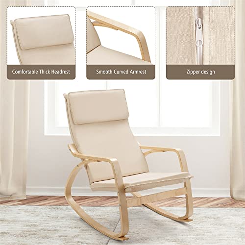 Liviza Rocking Chair With Removable Cushion, Wooden Frame Relax Rocker Lounge Chair, Modern Armchair Suitable For Living Room, Bedroom, Balcony, Nursery Room, Porch (Beige) #TOP5
