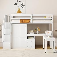 Harper & Bright Designs Twin Size Loft Bed with Stairs and Bookshelf, Wood Twin Storage Bed with Desk & Wardrobe, Space-Saving Multifunctional Furniture for Kids & Teens - White