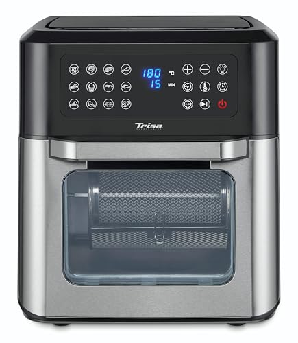 Trisa Heißluftfritteuse 12L "Crisp Master", Rotierender Frittierkorb, Airfryer mit Rotisserie, Grillen, Backen, Rösten, Dehydrieren, Aufwärmen, Touch-Display, 50-200°C, Spülmaschinenfest