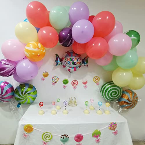 Candyland Party Supplies Candyland Party Decorations with Lollipop Banner Sweet Candy Balloons Candy Cake Toppers Candy Balloon Garland kit for Candy Themed Birthday Christmas Candy Party Supplies