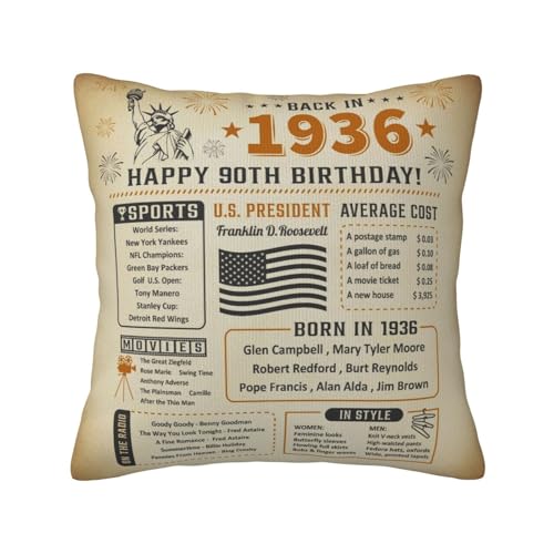 Aotbuort 90th Birthday Gifts for Men Women, Best Birthday Gifts for 90 Year Old Man Woman, 90th Birthday Decorations for Men Women, Back in 1936/90 Year Old Birthday Gift for Man Pillow Covers 18"x18"