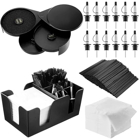 Mifoci 3 Tier Bar Glass Rimmer Bartender Tool with 12 Pcs Stainless Steel Classic Bottle Pourers, Bar Caddy with 6 Compartment, 1000 Pcs Coffee Cocktail Stirrers, 200 Napkins for Bartender Accessories Cover