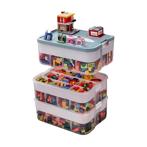 PeoTRIOL 3-Tier Stackable Toy Storage Box with Lid Dividers, Kid Toy Blocks Organizer Container Removable Tray, Plastic Toy Chest Organizer for Baby Nursery Playroom - Toy Blocks Not Included