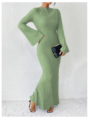 Image of GORGLITTER Women's Bell Long Sleeve Cocktail Maxi Dress Crew Neck Bodycon Fishtail Casual Long Dresses