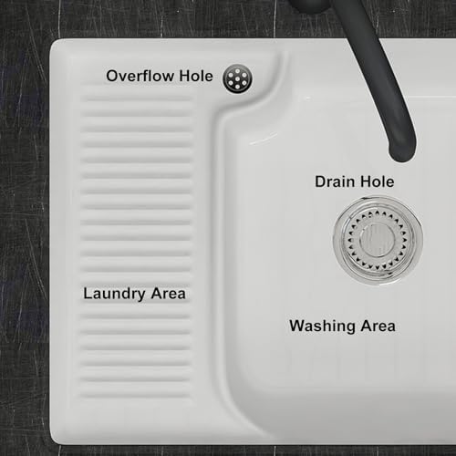 Rectangular Laundry Sink with Washboard & Elbow Faucet - Undermount Ceramic Bathroom Sink with Overflow Hole for Laundry Room, Balcony & Courtyard (440x420x180mm)