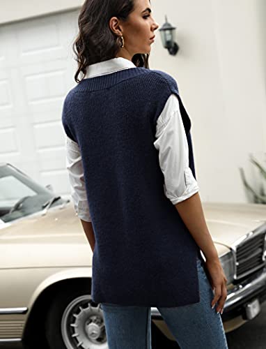Cowasto Womens Casual Sleeveless V-Neck Knitted Vest Outfits Oversized Vest Sweater Outwear Navy Blue Medium #TOP2
