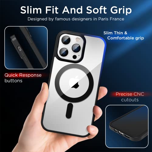 Sucgles Strong Magnetic For Iphone 14 Pro Case With Magsafe, [Non-Yellowing] [Military Grade Protection] Slim Thin Mag Safe Magnet Bumper Phone Cover For (Apple 14Pro, Clear-Black) #TOP3