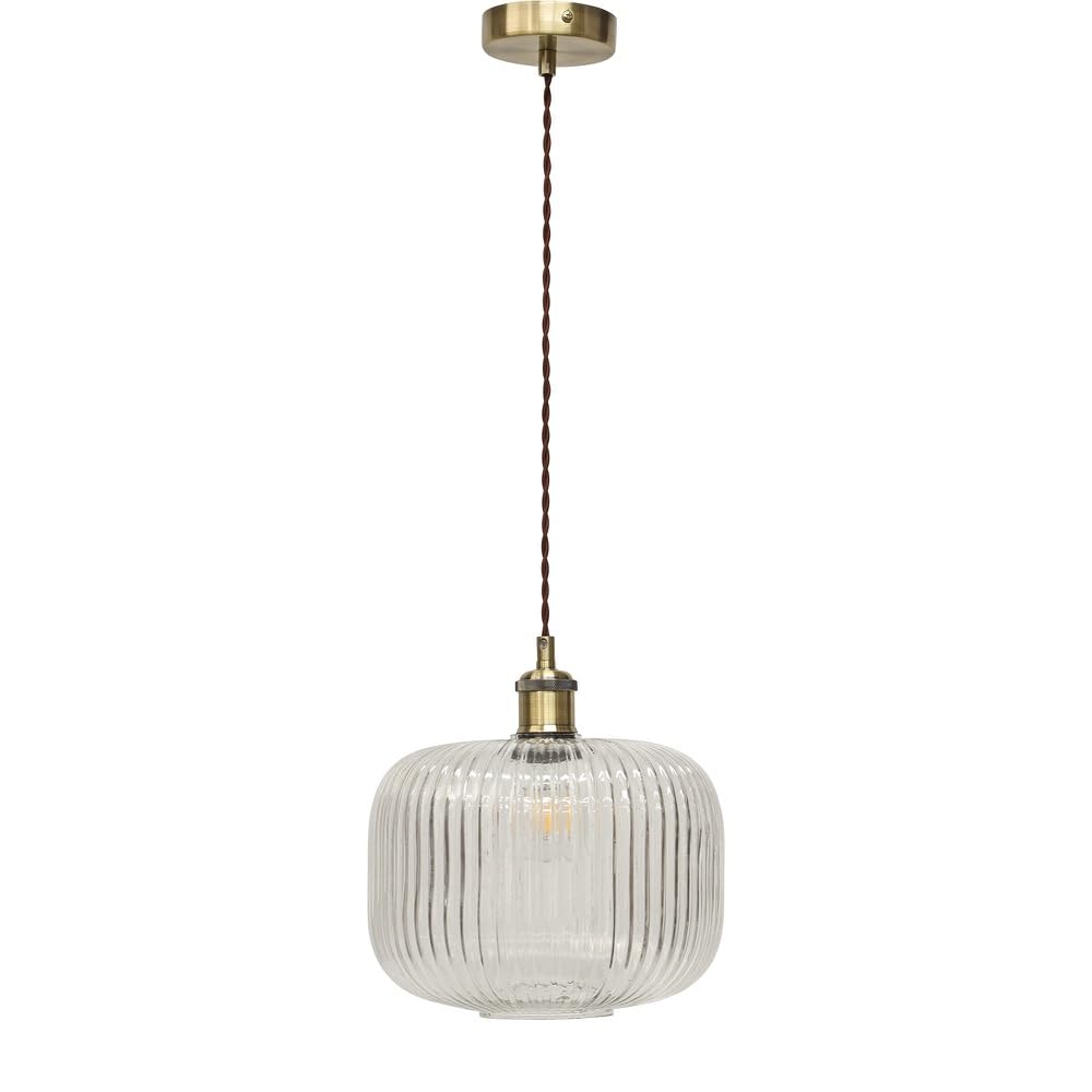 Firstchoicelighting Antique Brass & Clear Batley Large - Clear Ribbed Glass Antique Brass Retro Pendant Fitting