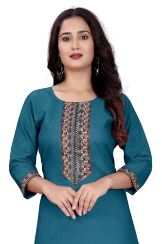 Image of Women A-line Cotton Blend Round Neck 3 /4 Sleeve Embroidered Kurti Only
