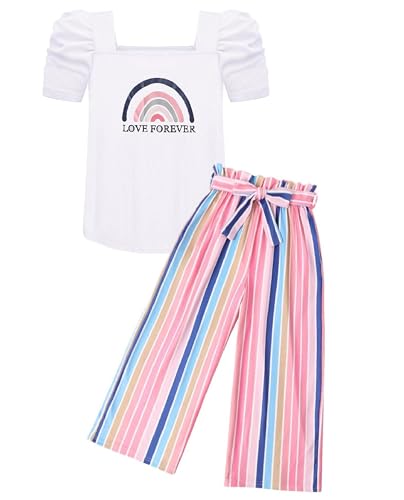 Arshiner Mädchen Tshirt mit Hose Set Kinder Mode Baumwolle Bekleidungssets Blasenärmeliges Oberteil mit Bedruckter Freizeithose Zweiteilig Outfits für Mädchen 9-10 Jahre 140