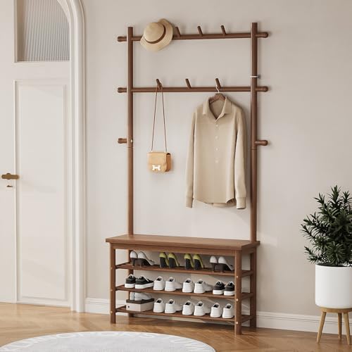 Welfuturer Albero da ingresso indipendente con panca, scarpiera e appendiabiti in bambù con 13 ganci per appenderlo, panca da ingresso 6 in 1 con organizer per scarpe e fango, robusta struttura in