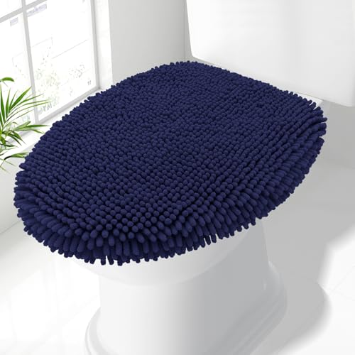 Image of Smiry Soft Chenille Bathroom Toilet Lid Cover, Machine Washable Covers, 17.5x15, Fits Most Round, Elongated and Oblong Lids, Accessories Decor, Navy Blue