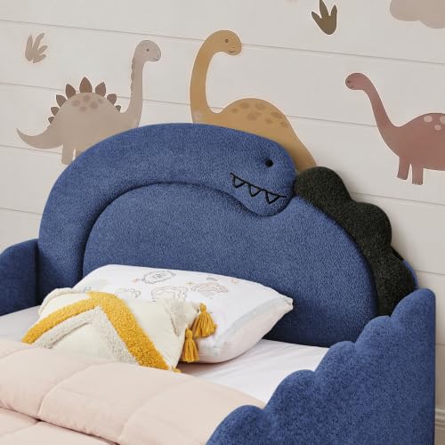 Image of Full Bed Frame for Kids, Floor Platform Bed Dinosaur, Blue