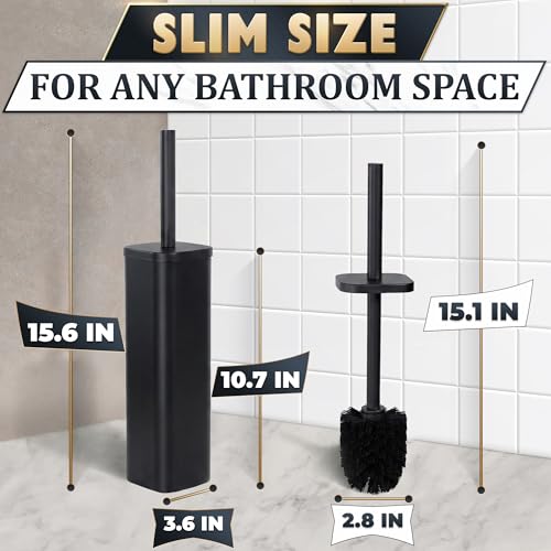 Image of Black Toilet Brush with Square Stainless Steel Holder - Freestanding Toilet Brush and Holder Set Black - Removable Plastic Inner Cup, Splash Guard Cover, Replaceable Head, Corrosion Resistant Finish