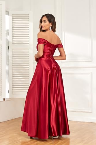 Off The Shoulder Bridesmaid Dresses Satin Prom Dress A Line Split Evening Party Dress for Women HS0114