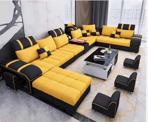 Torque Wood - Galster 12 Seater Sofa Set for Living Room (Left Side, Yellow & Black) | U Shape Sectional Sofa Set with Cup Holder & Storage with 4 Puffy | 1 Years Warranty