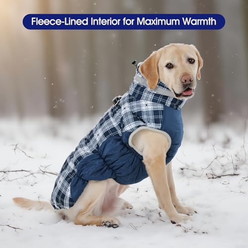 Image of FUAMEY Dog Cold Weather Coats Reflective Dog Warm Jacket with Harness | Fleece Winter Coat for Medium Dogs Snow Puffer Vests with Zipper Reflective Turtleneck Jackets for Winter Blue Plaid M