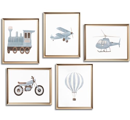 Image of Blue Car Travel Canvas Wall Art Vintage Train Motorcycle Transportation Painting Pictures Wall Decor Boys Room Blue Hot Air Balloon Poster Prints for Nursery Boys Bedroom Scene Home Decorate Unframed