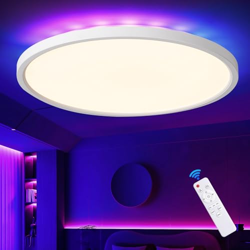 queffigle RGB LED Ceiling Light 29cm 3200LM Dimmable 3000-6500K Flush Mount with Remote Control Ceiling Light Fixture Low Profile Ambient Timer & Memory for Bedroom, Living Room, Bathroom